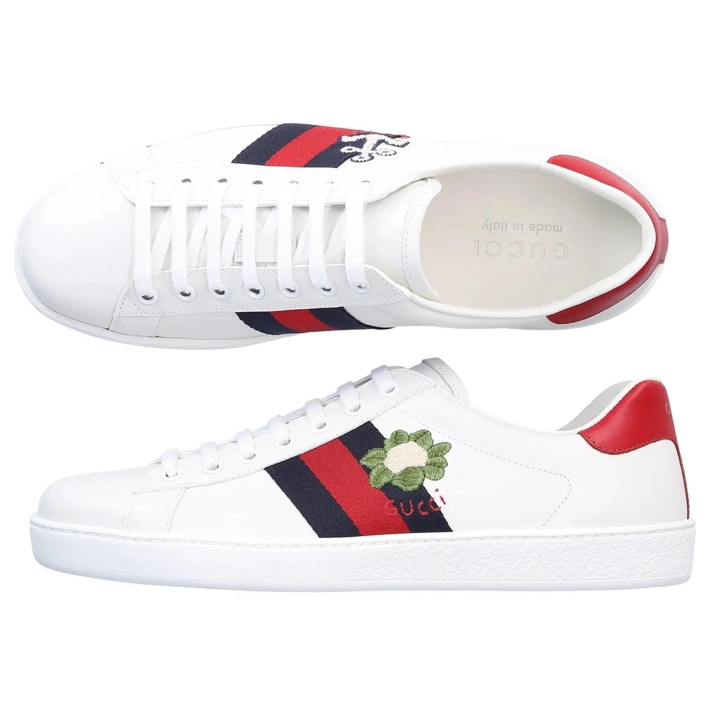 Gucci White Sneakers with Red and Blue Stripes
